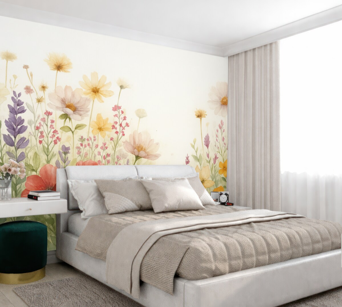 Fototapeta Łąka barwnych abstrakcyjnych pola kwiatów, w tym maków, stokrotek i innych kwitnących roślin na jasnym tle.