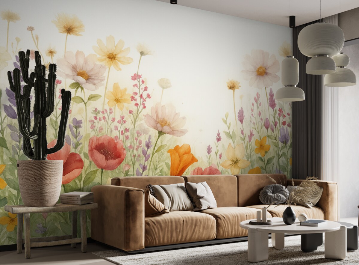 Fototapeta Łąka barwnych abstrakcyjnych pola kwiatów, w tym maków, stokrotek i innych kwitnących roślin na jasnym tle.