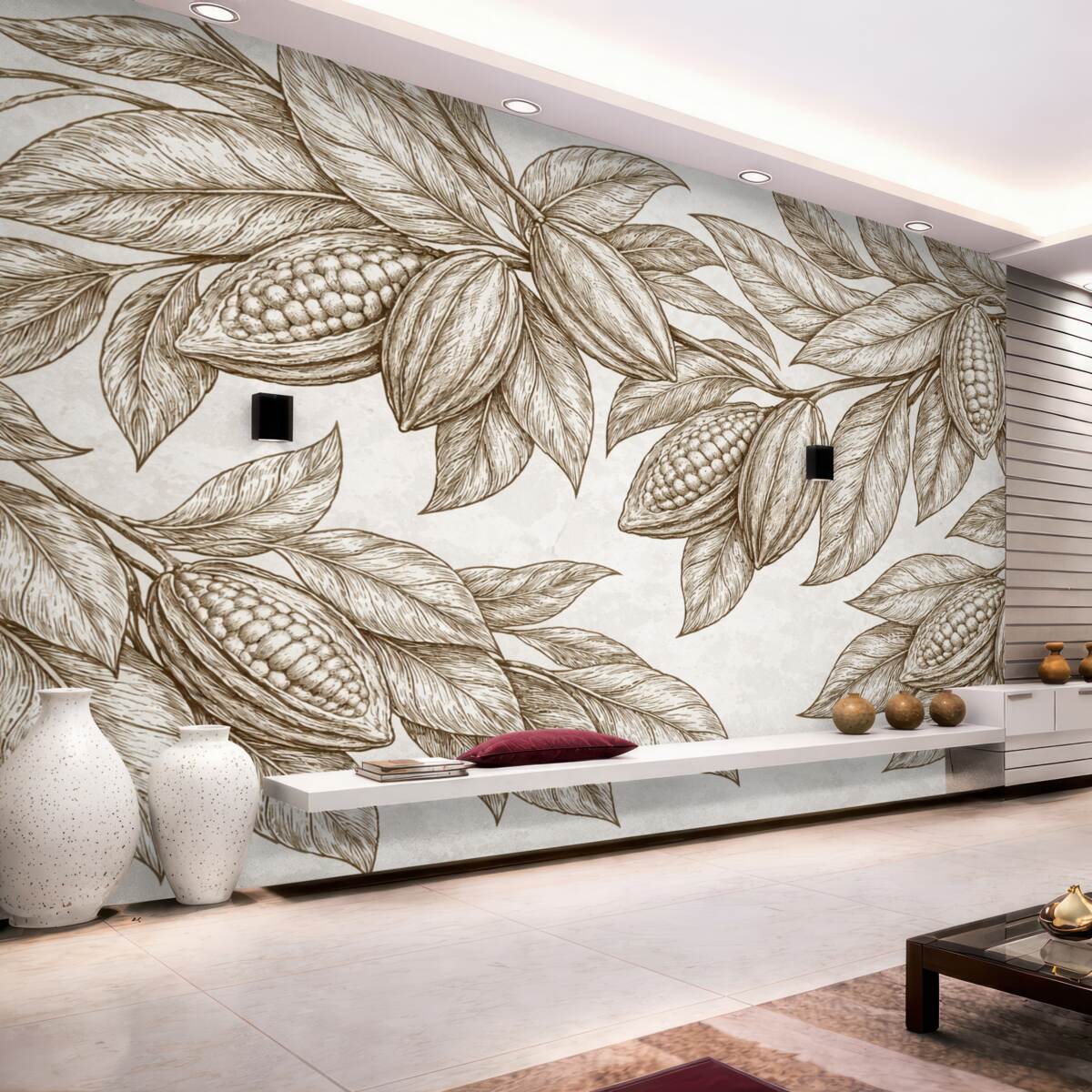 Fototapeta Dokładny rysunek liści kakaowca oraz liści w naturalnym, organicznym druku.