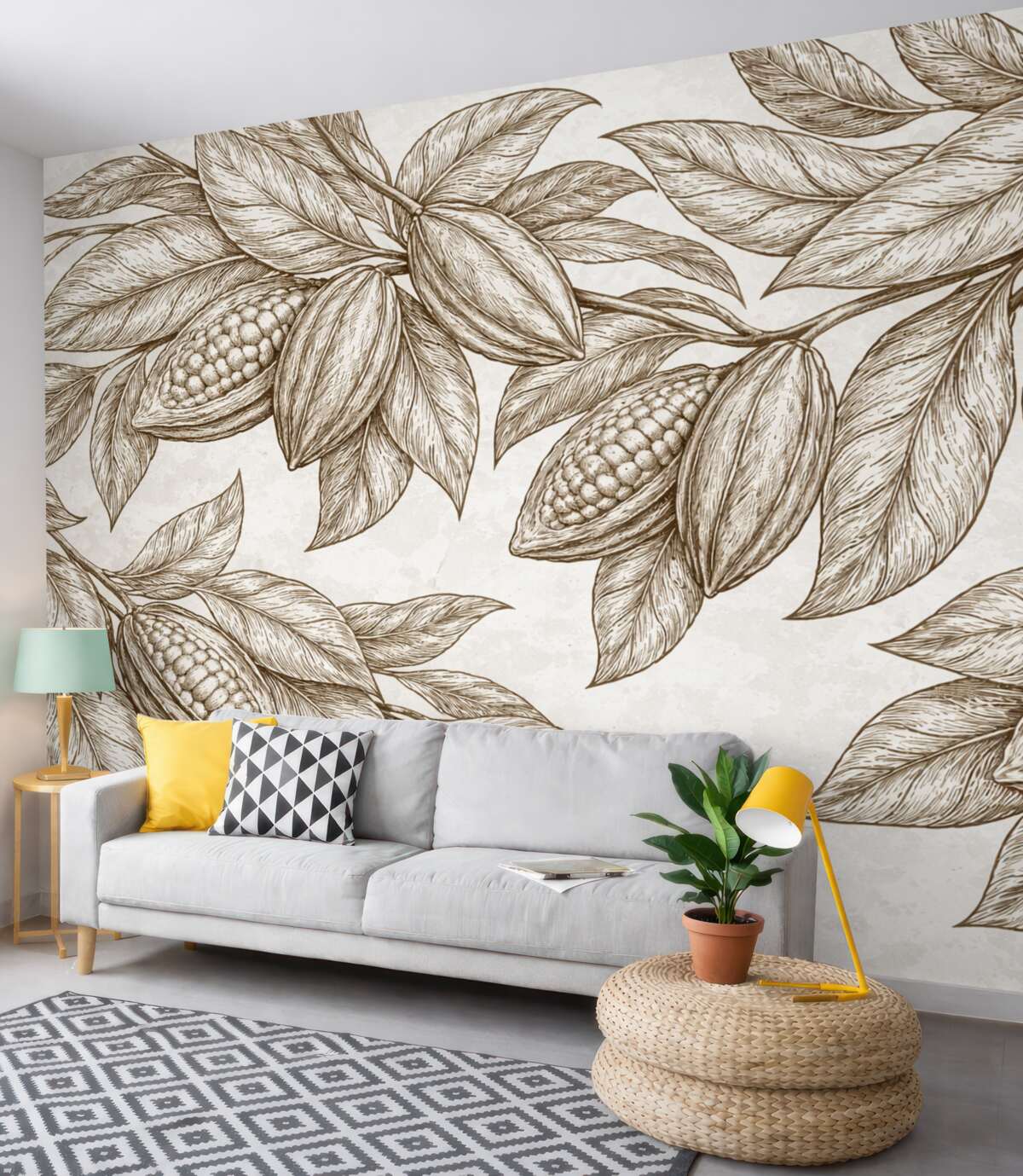 Fototapeta Dokładny rysunek liści kakaowca oraz liści w naturalnym, organicznym druku.