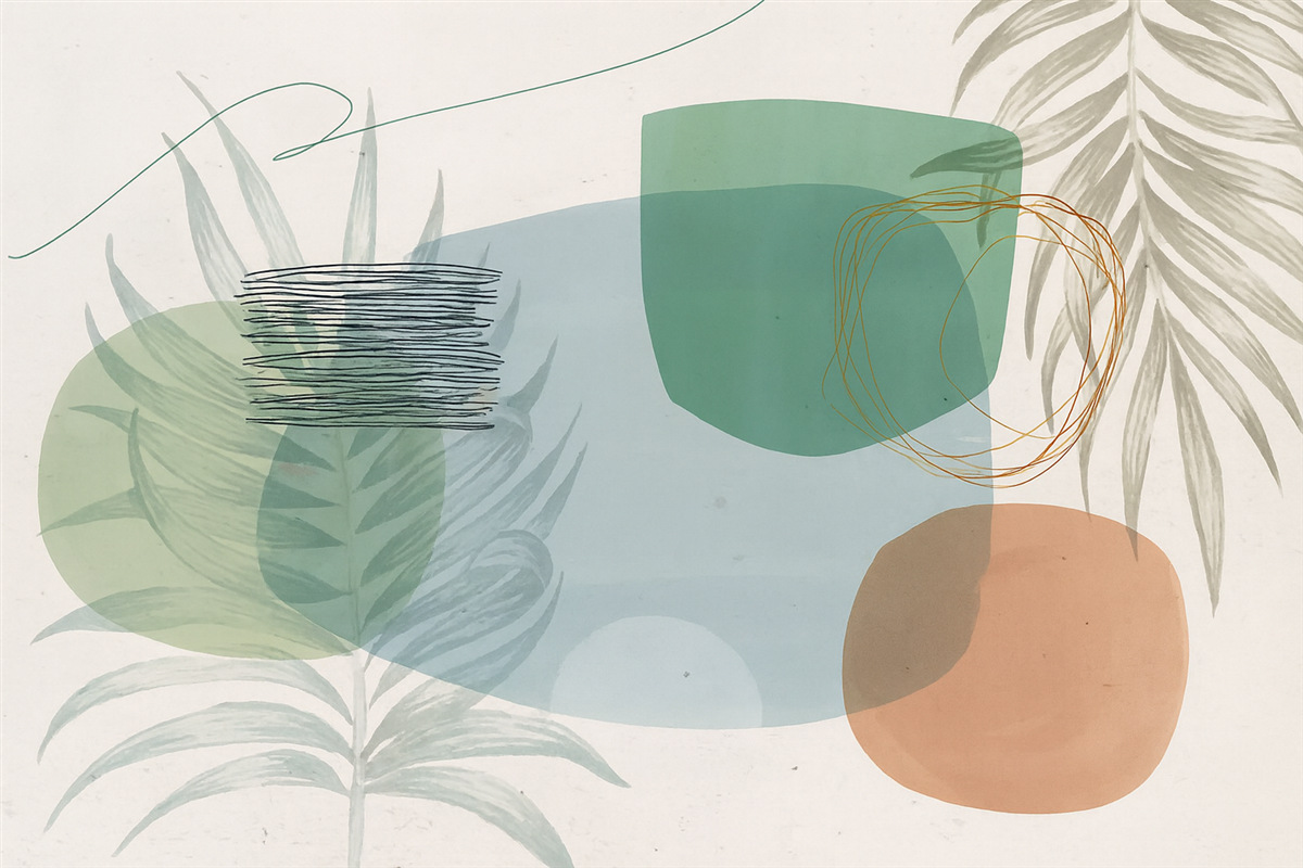 Fototapeta Abstrakcyjna teksturowana aranżacja z organicznymi formami i tropikalnymi liśćmi, w delikatnych pastelowych odcieniach.