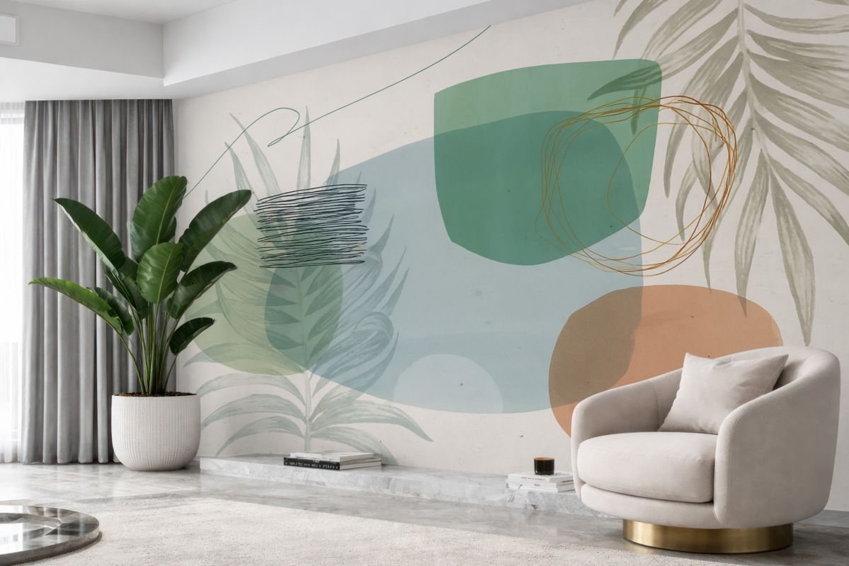 Fototapeta Abstrakcyjna teksturowana aranżacja z organicznymi formami i tropikalnymi liśćmi, w delikatnych pastelowych odcieniach.