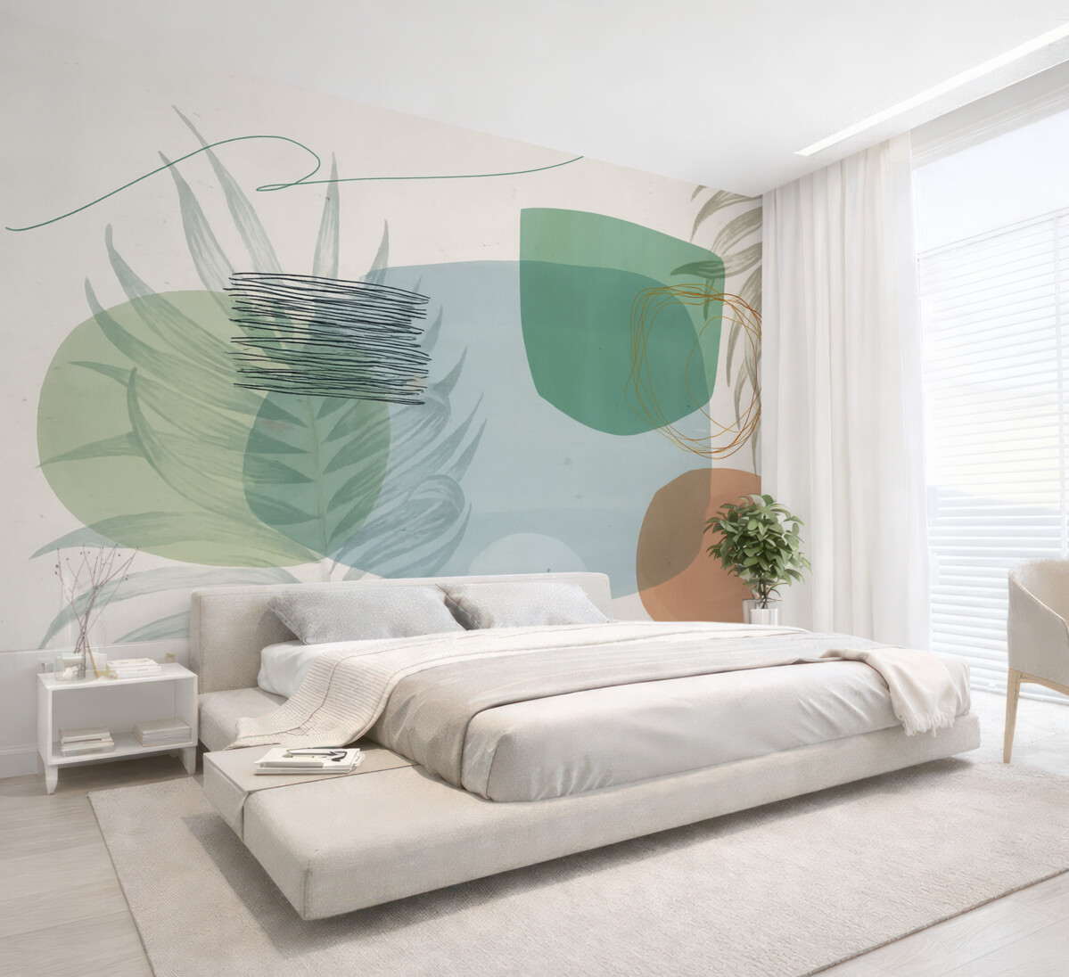 Fototapeta Abstrakcyjna teksturowana aranżacja z organicznymi formami i tropikalnymi liśćmi, w delikatnych pastelowych odcieniach.