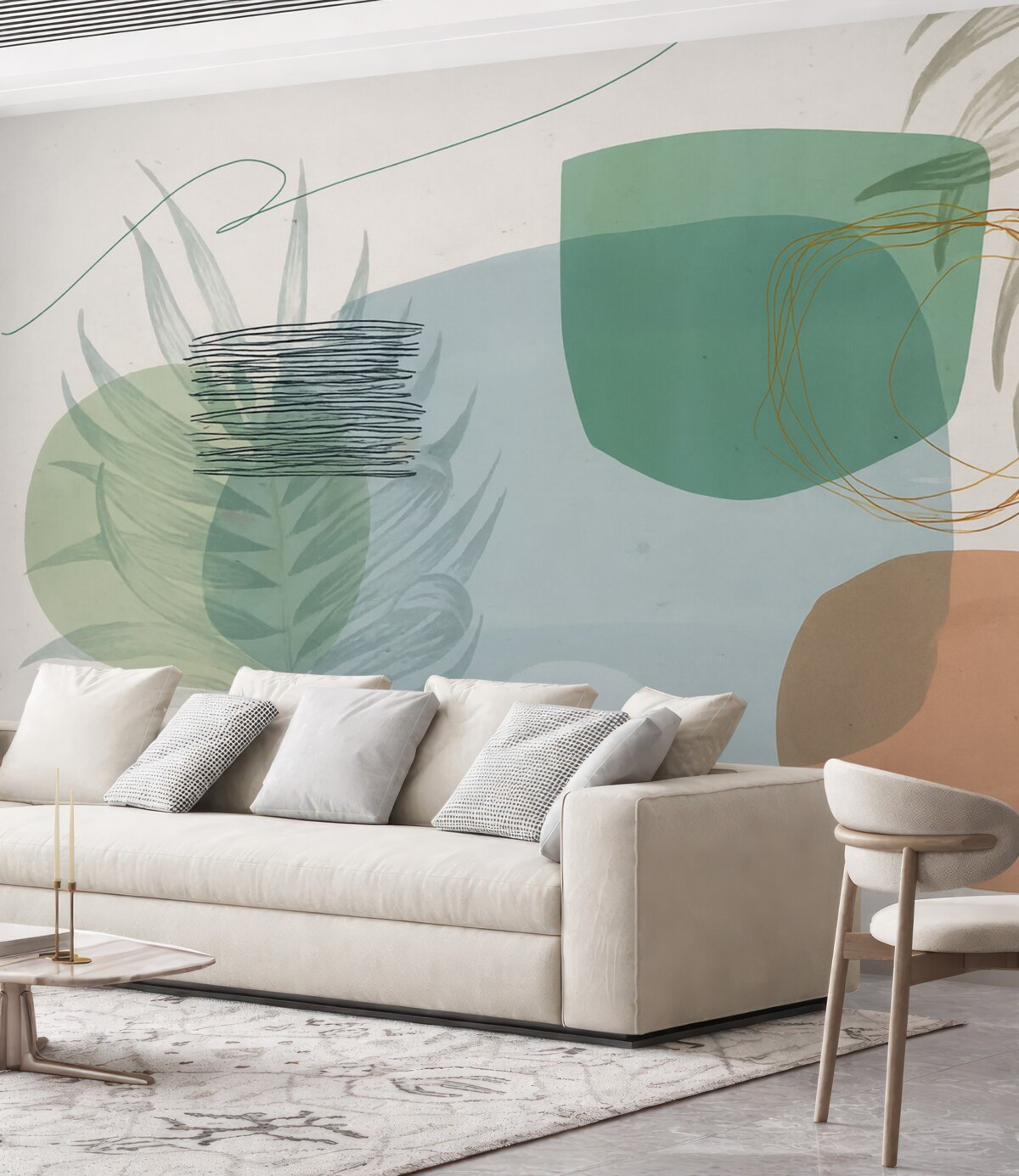 Fototapeta Abstrakcyjna teksturowana aranżacja z organicznymi formami i tropikalnymi liśćmi, w delikatnych pastelowych odcieniach.