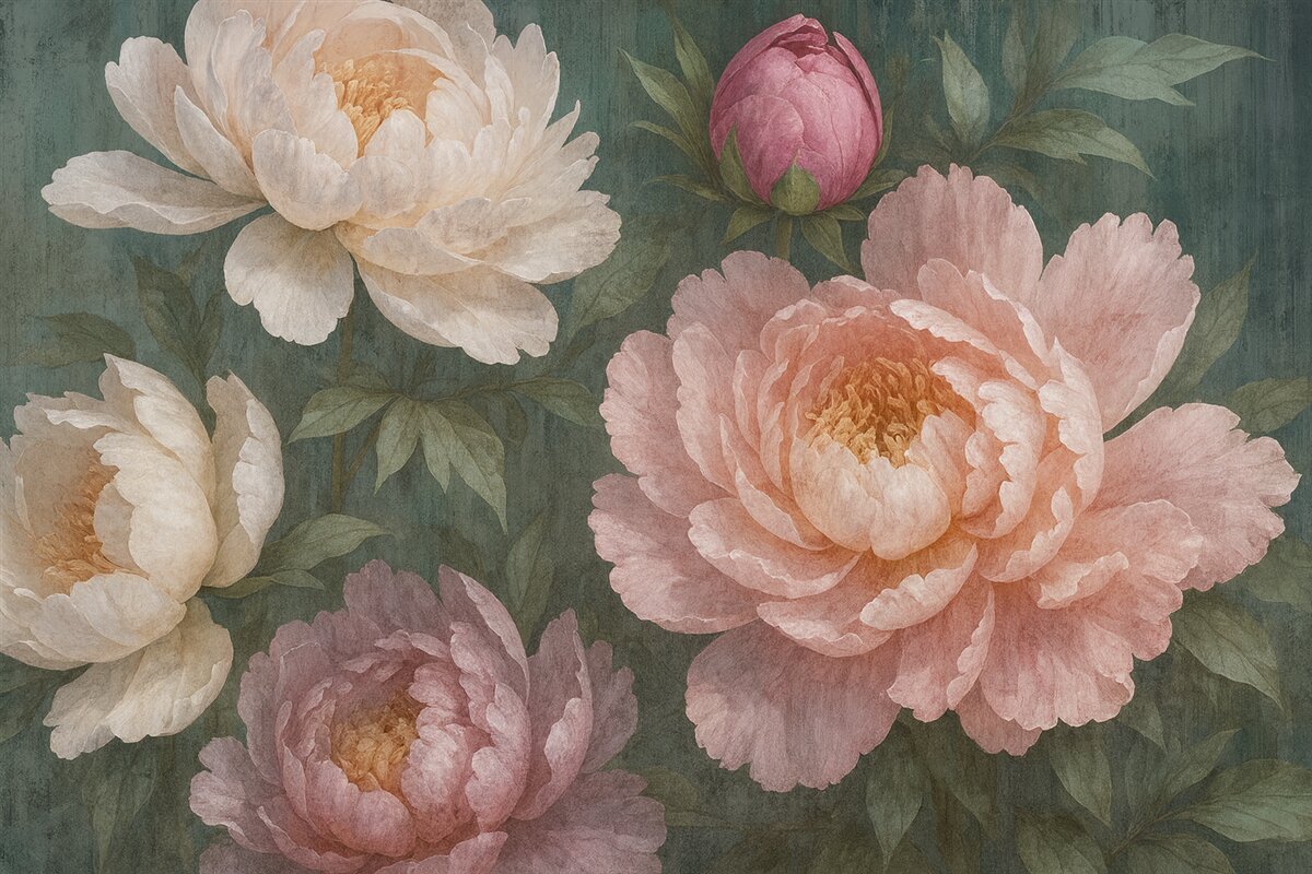 Fototapeta Zbliżenie na kilka dużych, teksturowanych, obfitych różowych i białych kwiatów piwonii na ciemnym fundamencie.