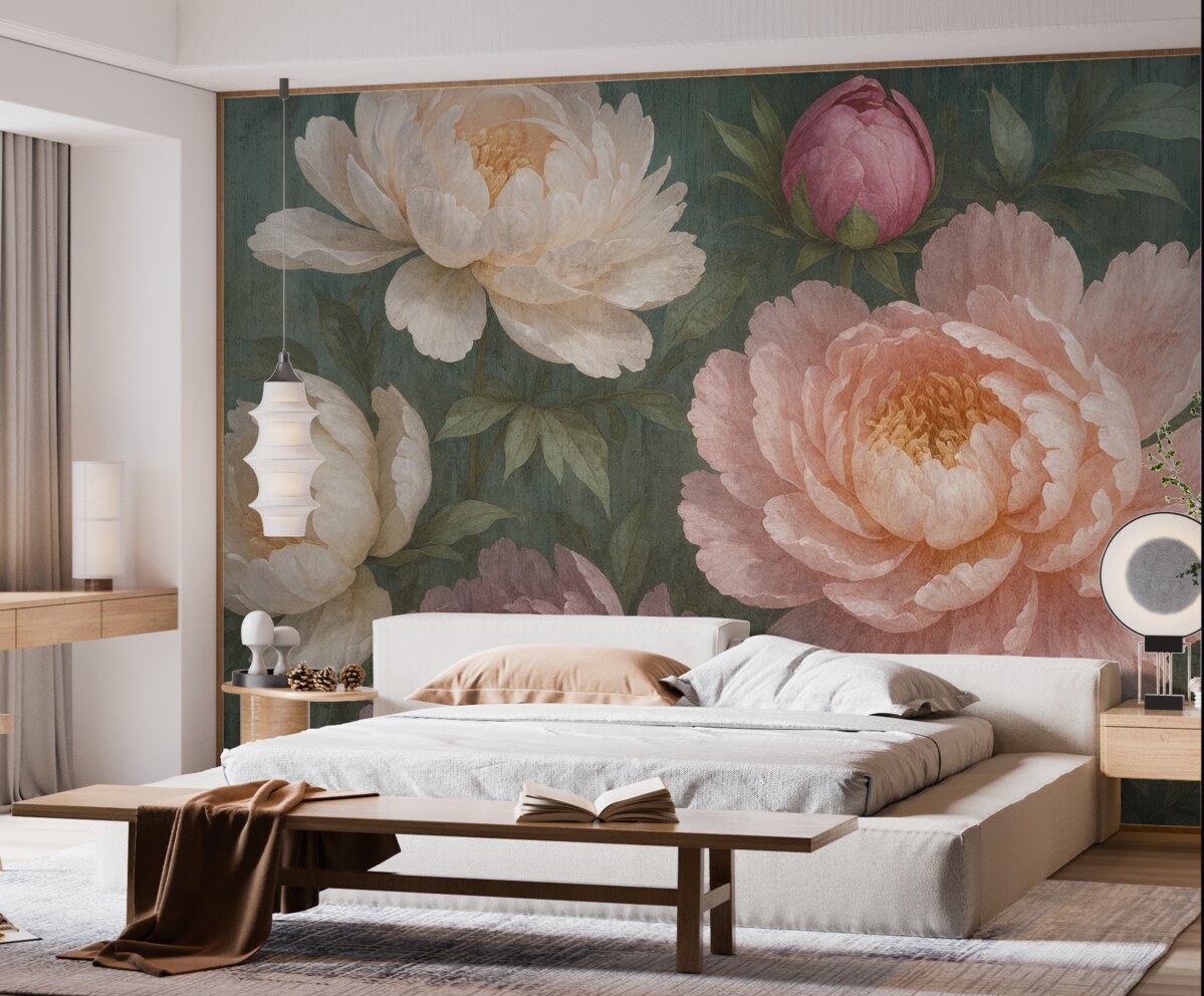 Fototapeta Zbliżenie na kilka dużych, teksturowanych, obfitych różowych i białych kwiatów piwonii na ciemnym fundamencie.