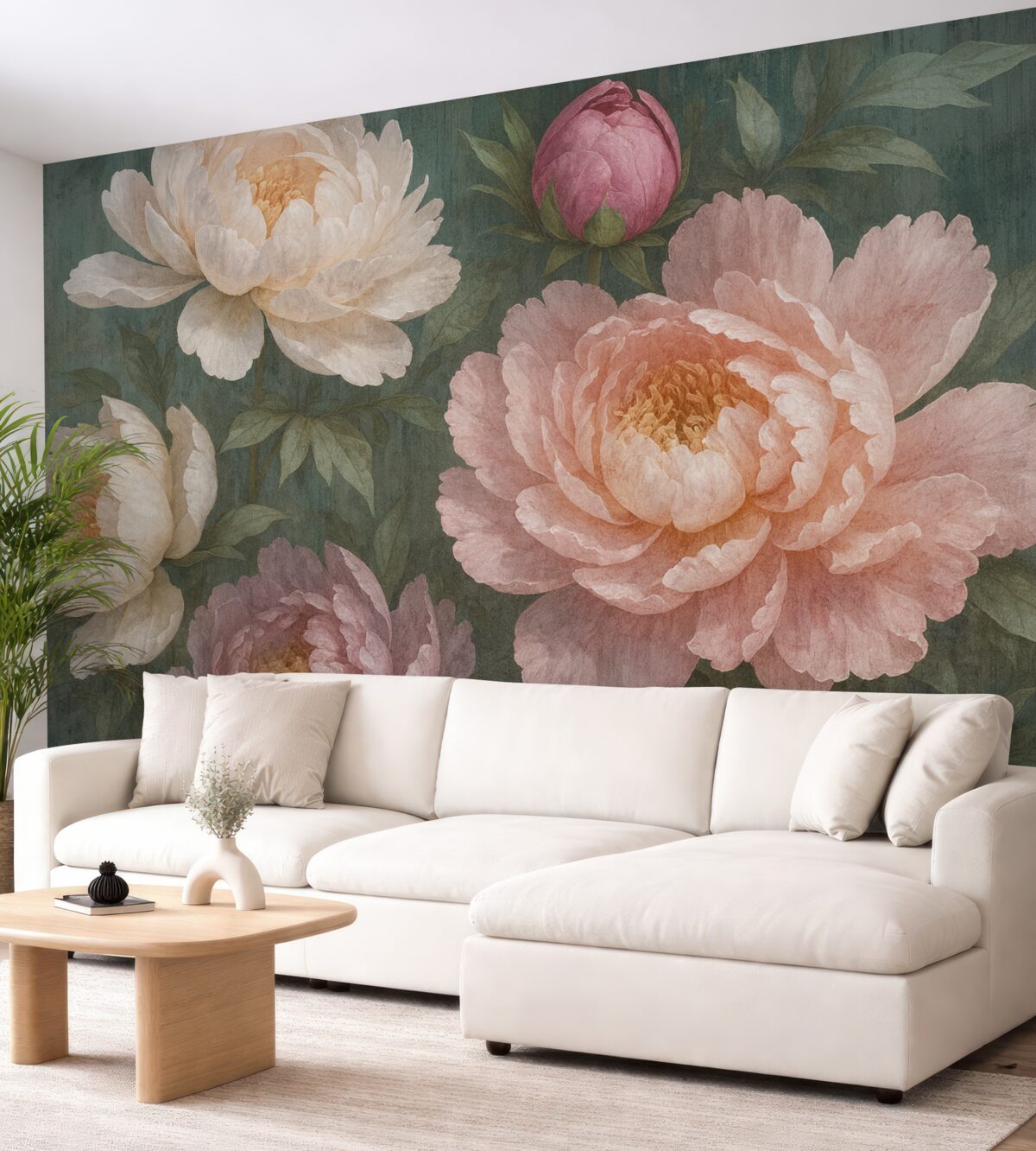 Fototapeta Zbliżenie na kilka dużych, teksturowanych, obfitych różowych i białych kwiatów piwonii na ciemnym fundamencie.