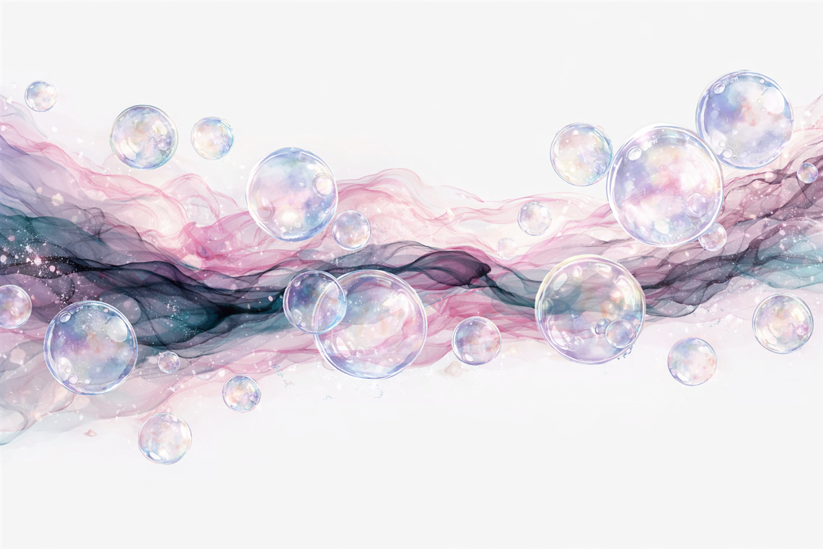 Fototapeta Kolorowe abstrakcyjne płynne formy z bąbelkami, wirami w tonacjach różu, błękitu oraz fioletu na jasnym tle.