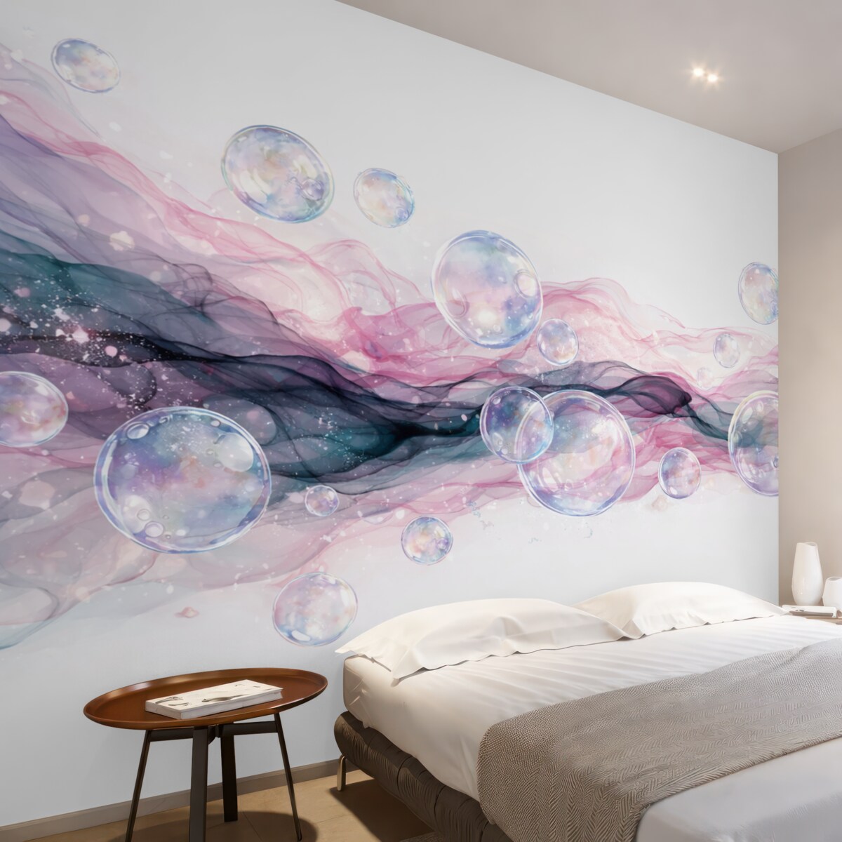 Fototapeta Kolorowe abstrakcyjne płynne formy z bąbelkami, wirami w tonacjach różu, błękitu oraz fioletu na jasnym tle.