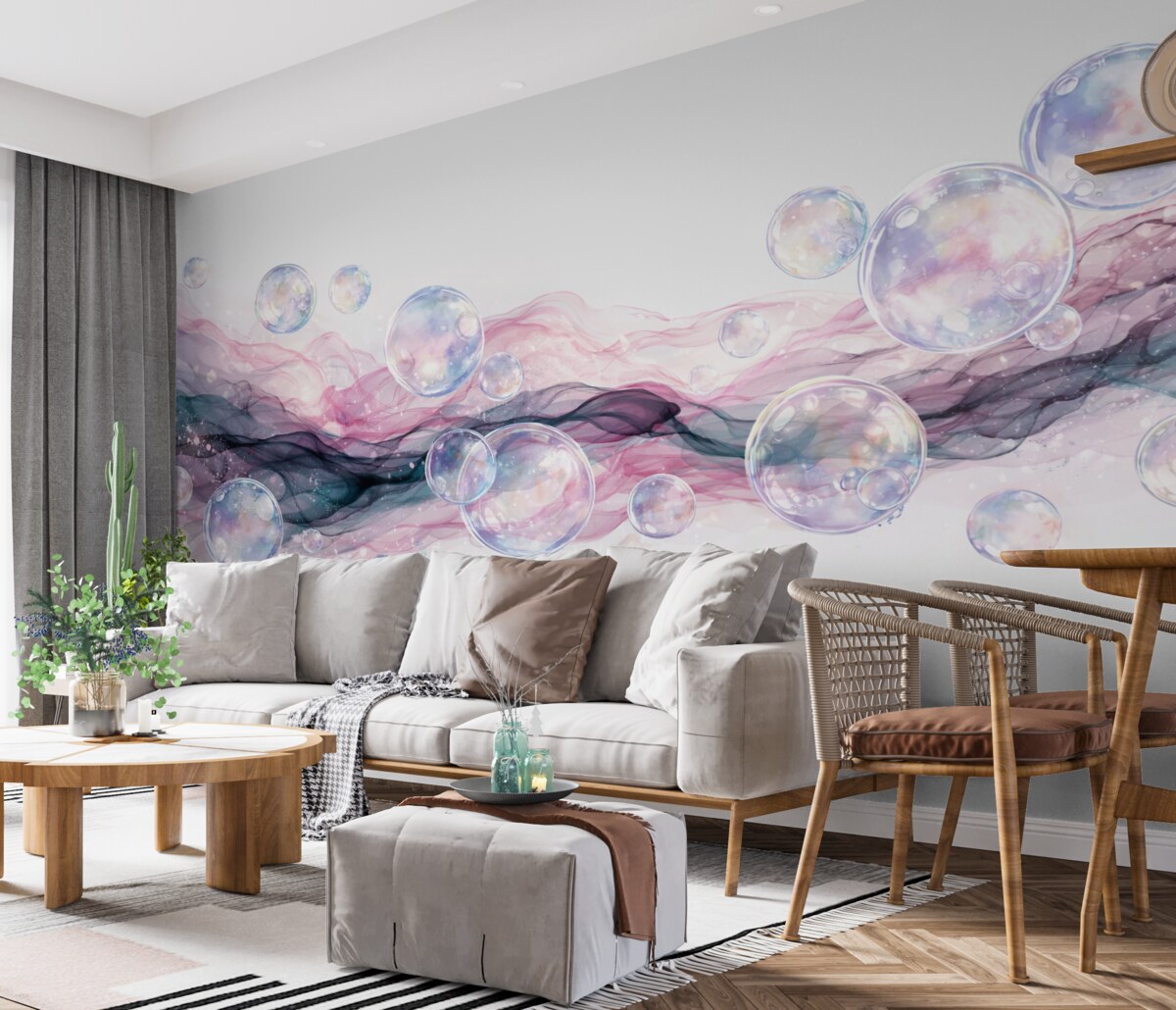 Fototapeta Kolorowe abstrakcyjne płynne formy z bąbelkami, wirami w tonacjach różu, błękitu oraz fioletu na jasnym tle.