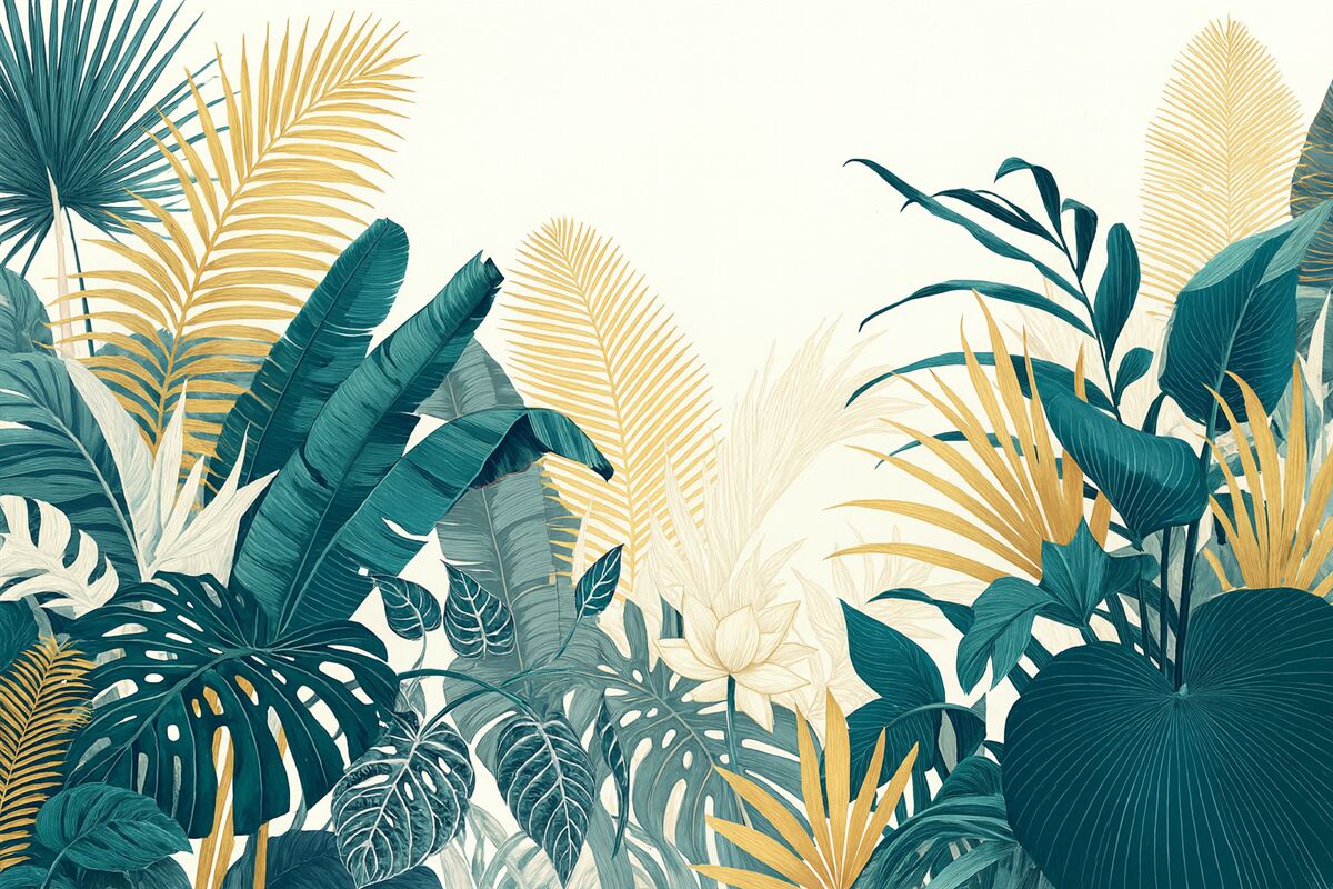 Fototapeta Tropikalne, gęste zielone liście, w tym liście palm, paprocie oraz inne egzotyczne rośliny w intensywnych odcieniach zieleni i pomarańczu.