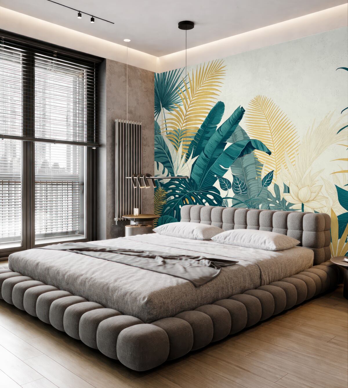 Fototapeta Tropikalne, gęste zielone liście, w tym liście palm, paprocie oraz inne egzotyczne rośliny w intensywnych odcieniach zieleni i pomarańczu.