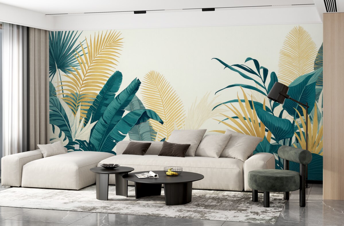 Fototapeta Tropikalne, gęste zielone liście, w tym liście palm, paprocie oraz inne egzotyczne rośliny w intensywnych odcieniach zieleni i pomarańczu.