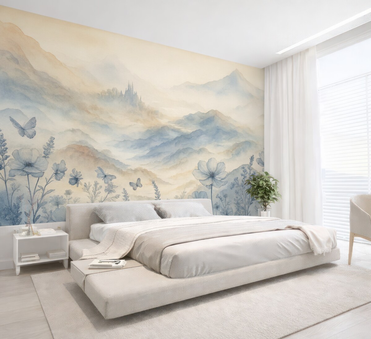 Fototapeta Cichy pejzaż z zamglonym łańcuchem górskim w tle, otoczony łąką delikatnych niebieskich kwiatów.