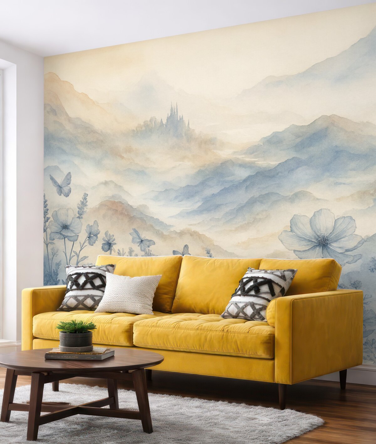 Fototapeta Cichy pejzaż z zamglonym łańcuchem górskim w tle, otoczony łąką delikatnych niebieskich kwiatów.