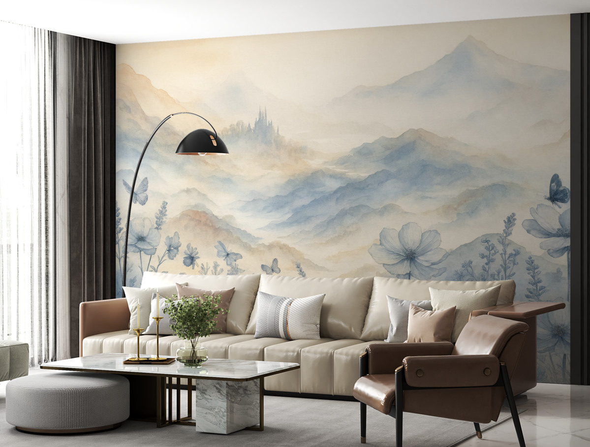 Fototapeta Cichy pejzaż z zamglonym łańcuchem górskim w tle, otoczony łąką delikatnych niebieskich kwiatów.