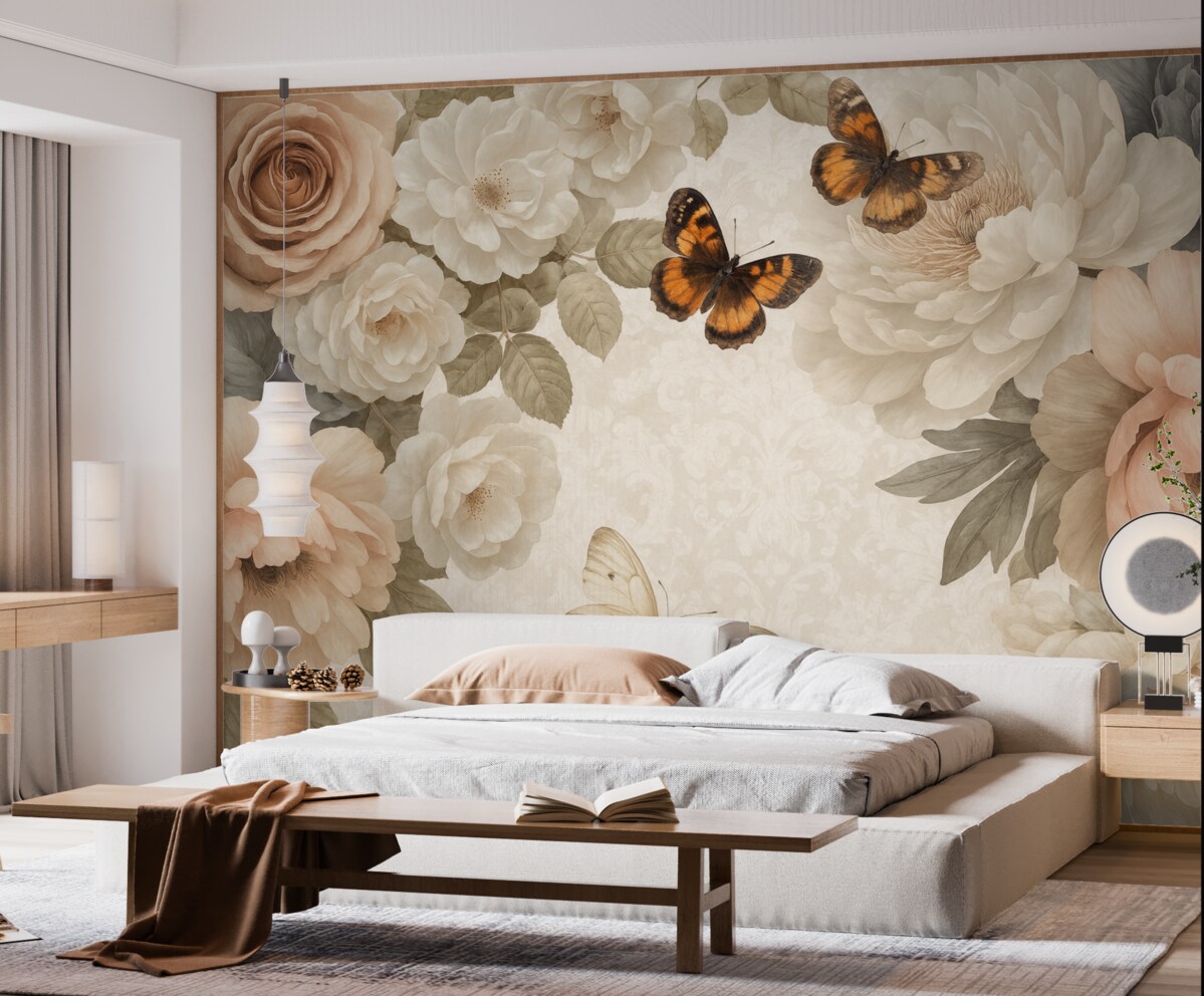 Fototapeta Wielkie białe oraz różowe kwiaty piwonii z motylem spoczywającym na jednym z kwiatów na łagodnym, nieostrym tle.