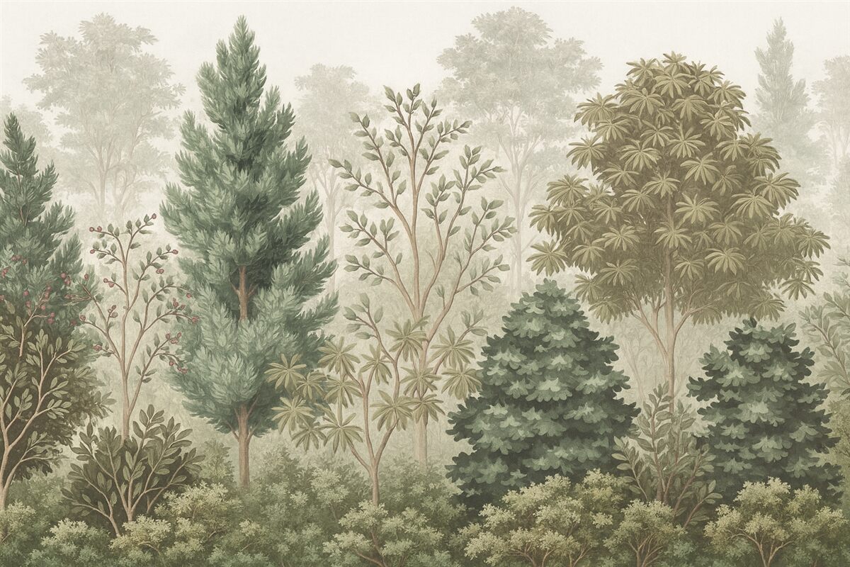 Fototapeta Gęsty, zielony las z przeróżnymi rodzajami wiecznie zielonych drzew i krzewów, obfitujący w intensywną zieleń innych liści.