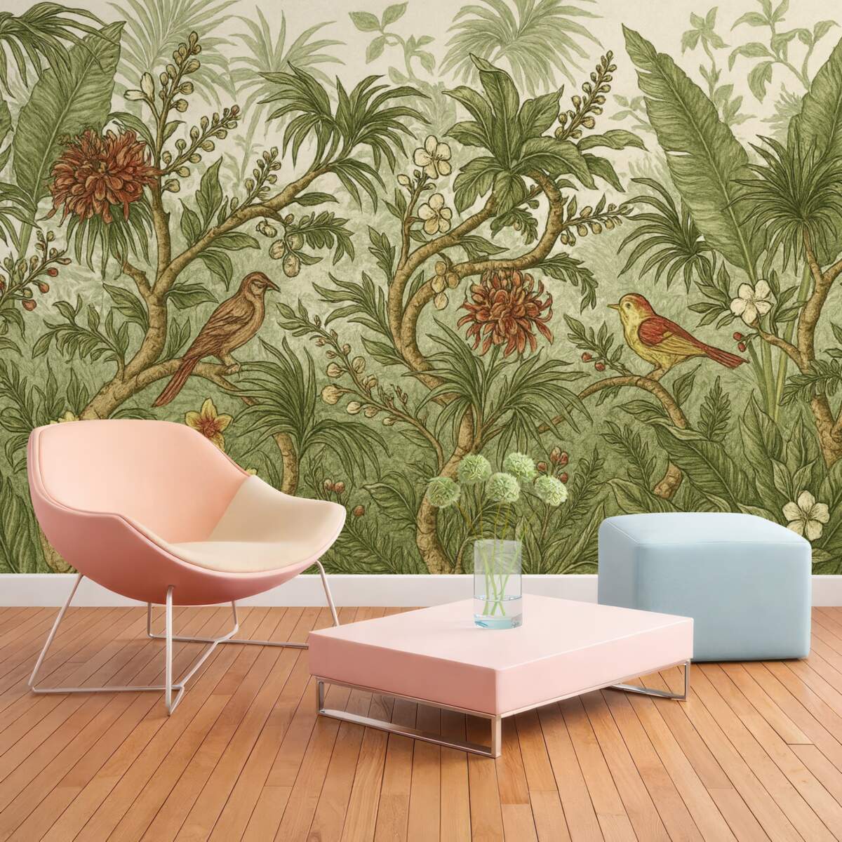 Fototapeta Kwita, tropikalna sceneria dżungli z rozmaitymi żywymi zielonymi roślinami, kwiatkami, ptakami, liśćmi i inną egzotyczną roślinnością.