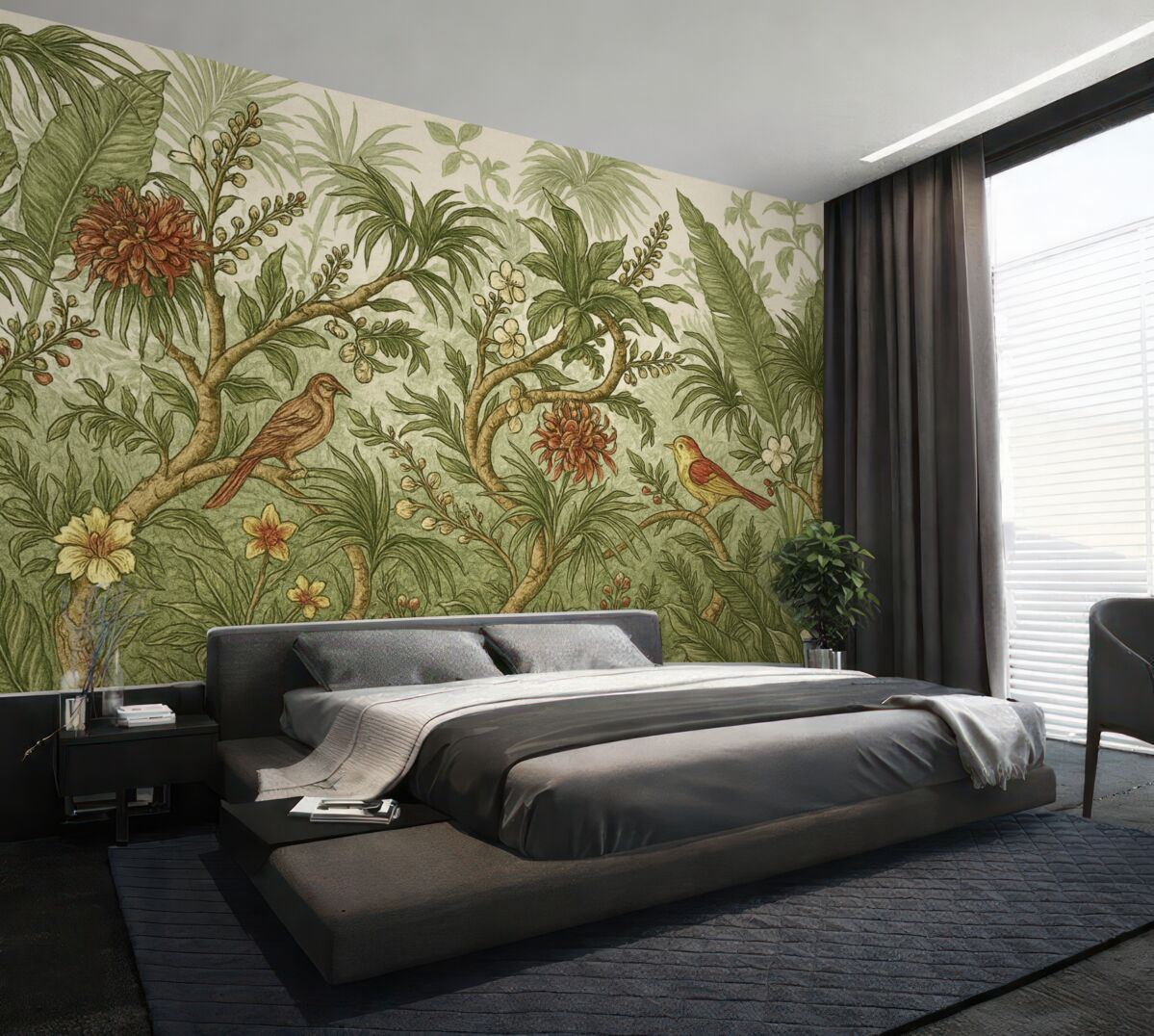 Fototapeta Kwita, tropikalna sceneria dżungli z rozmaitymi żywymi zielonymi roślinami, kwiatkami, ptakami, liśćmi i inną egzotyczną roślinnością.