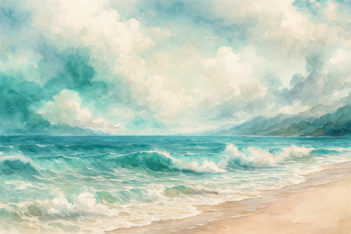 Fototapeta Cichy pejzaż plaży z łamiącymi się falami, piaszczystym wybrzeżem oraz pochmurnym niebem w kolorach błękitu, zieleni i beżu.