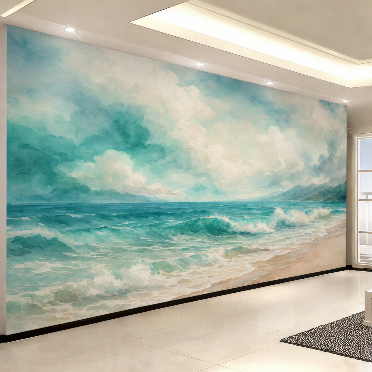 Fototapeta Cichy pejzaż plaży z łamiącymi się falami, piaszczystym wybrzeżem oraz pochmurnym niebem w kolorach błękitu, zieleni i beżu.