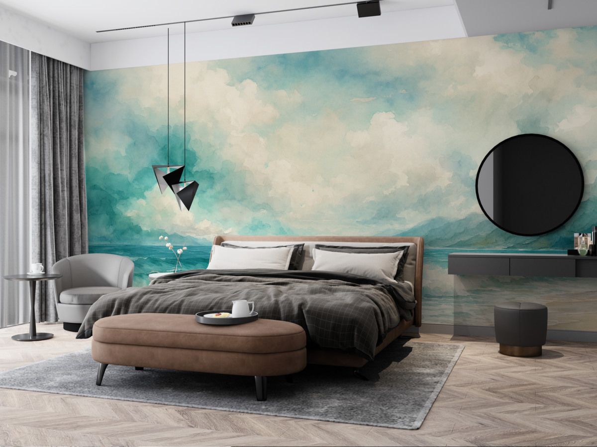 Fototapeta Cichy pejzaż plaży z łamiącymi się falami, piaszczystym wybrzeżem oraz pochmurnym niebem w kolorach błękitu, zieleni i beżu.