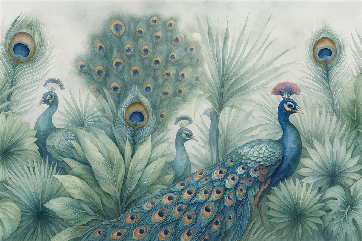 Fototapeta Para kolorowych pawi otoczona bujnymi akwarelowymi zielonymi liśćmi oraz intensywnymi kwiatami na szarym tle.