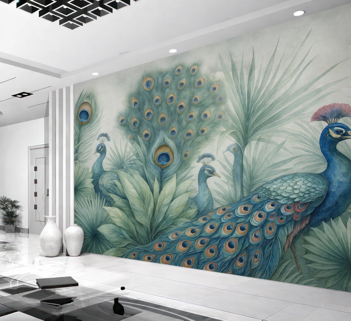 Fototapeta Para kolorowych pawi otoczona bujnymi akwarelowymi zielonymi liśćmi oraz intensywnymi kwiatami na szarym tle.