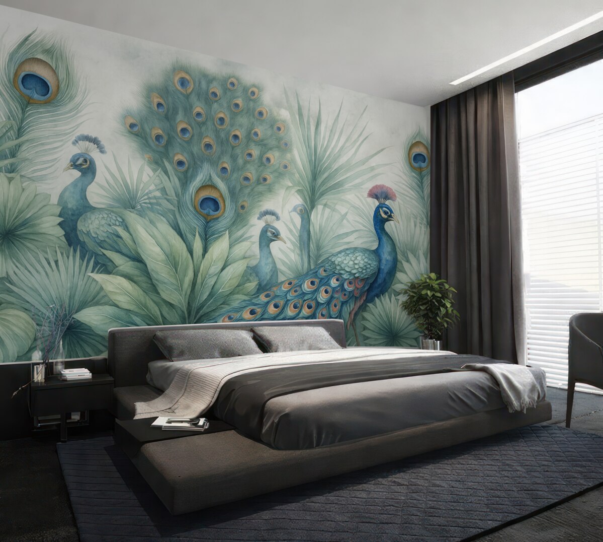 Fototapeta Para kolorowych pawi otoczona bujnymi akwarelowymi zielonymi liśćmi oraz intensywnymi kwiatami na szarym tle.