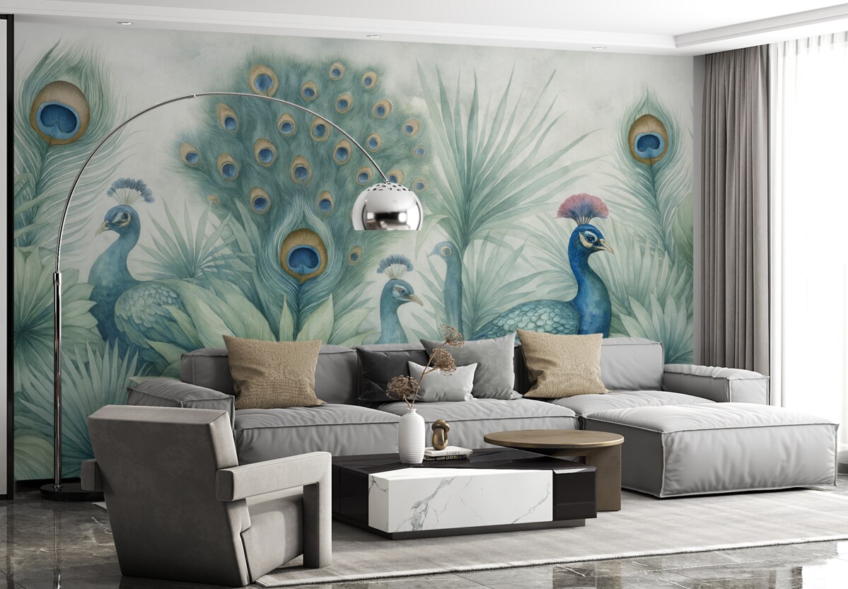 Fototapeta Para kolorowych pawi otoczona bujnymi akwarelowymi zielonymi liśćmi oraz intensywnymi kwiatami na szarym tle.