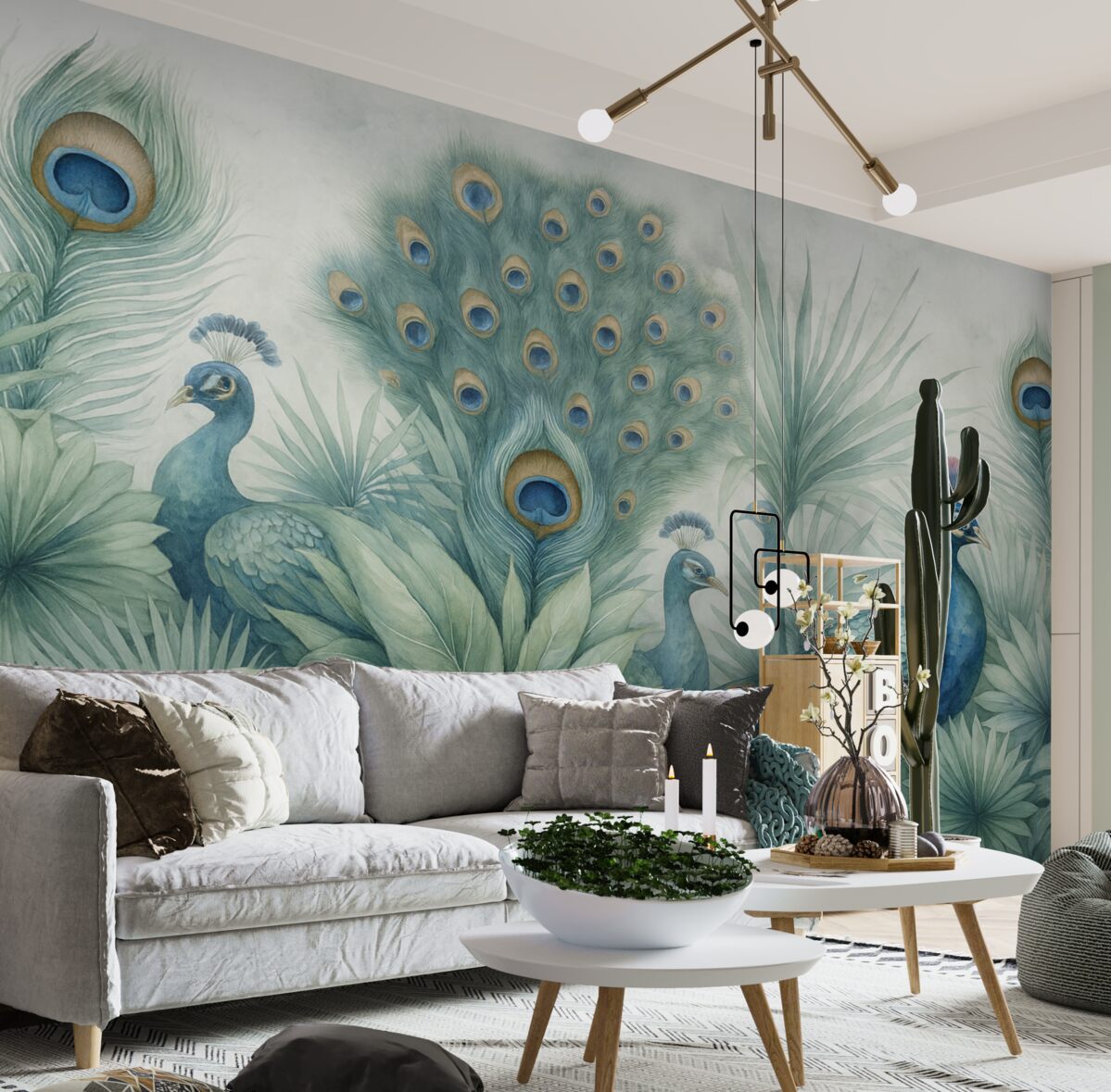 Fototapeta Para kolorowych pawi otoczona bujnymi akwarelowymi zielonymi liśćmi oraz intensywnymi kwiatami na szarym tle.