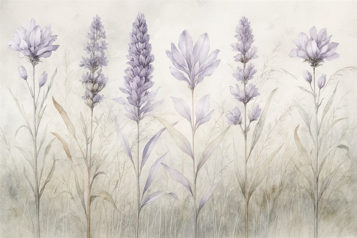 Fototapeta Łąka fioletowych akwarelowych kwiatów lawendy na delikatnym, rozmytym teksturowanym beżowym tle.