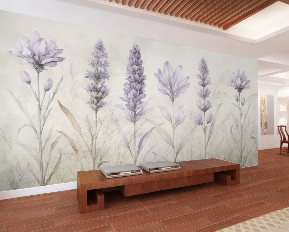 Fototapeta Łąka fioletowych akwarelowych kwiatów lawendy na delikatnym, rozmytym teksturowanym beżowym tle.