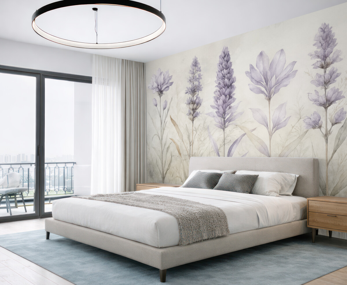 Fototapeta Łąka fioletowych akwarelowych kwiatów lawendy na delikatnym, rozmytym teksturowanym beżowym tle.