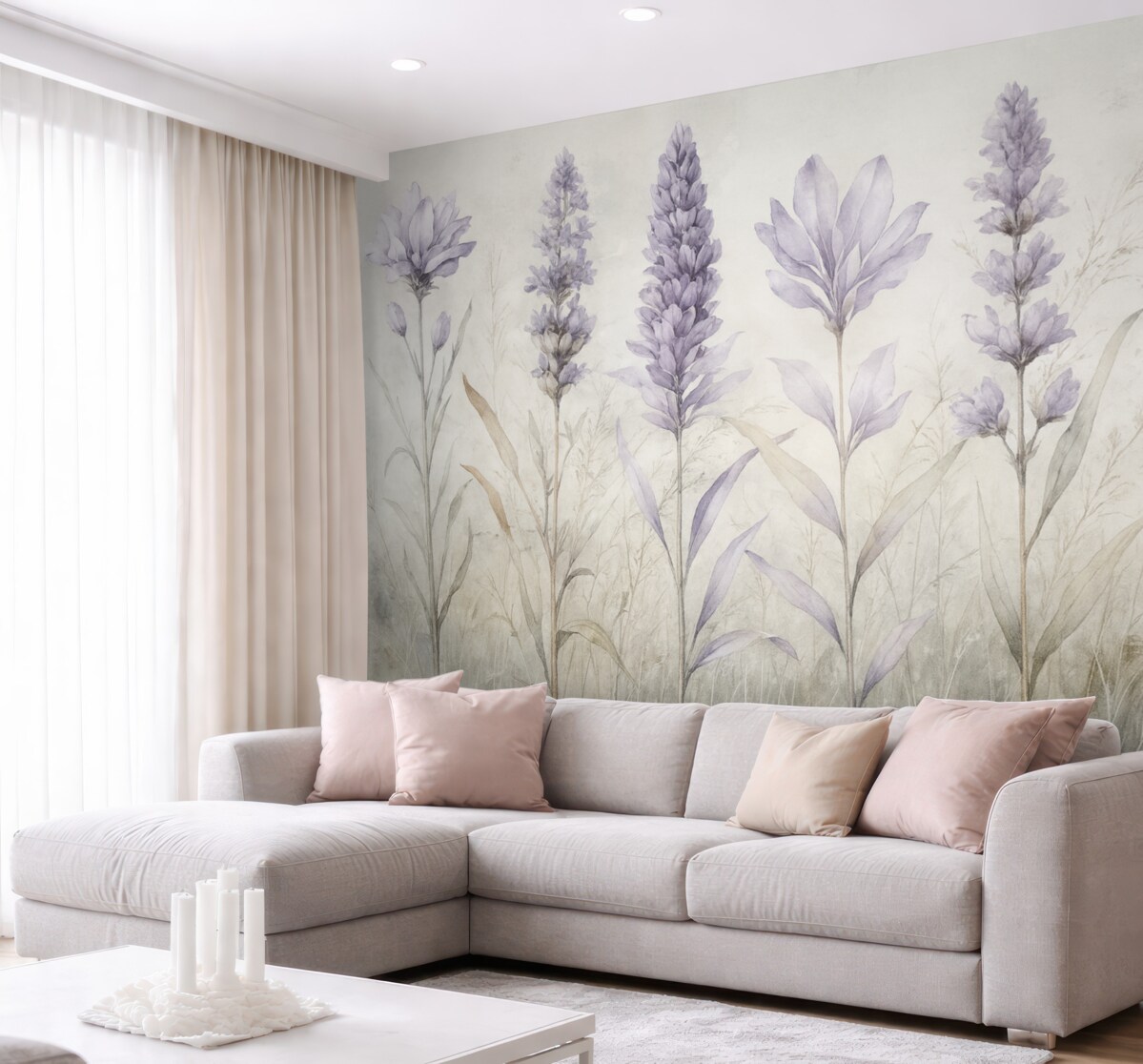 Fototapeta Łąka fioletowych akwarelowych kwiatów lawendy na delikatnym, rozmytym teksturowanym beżowym tle.