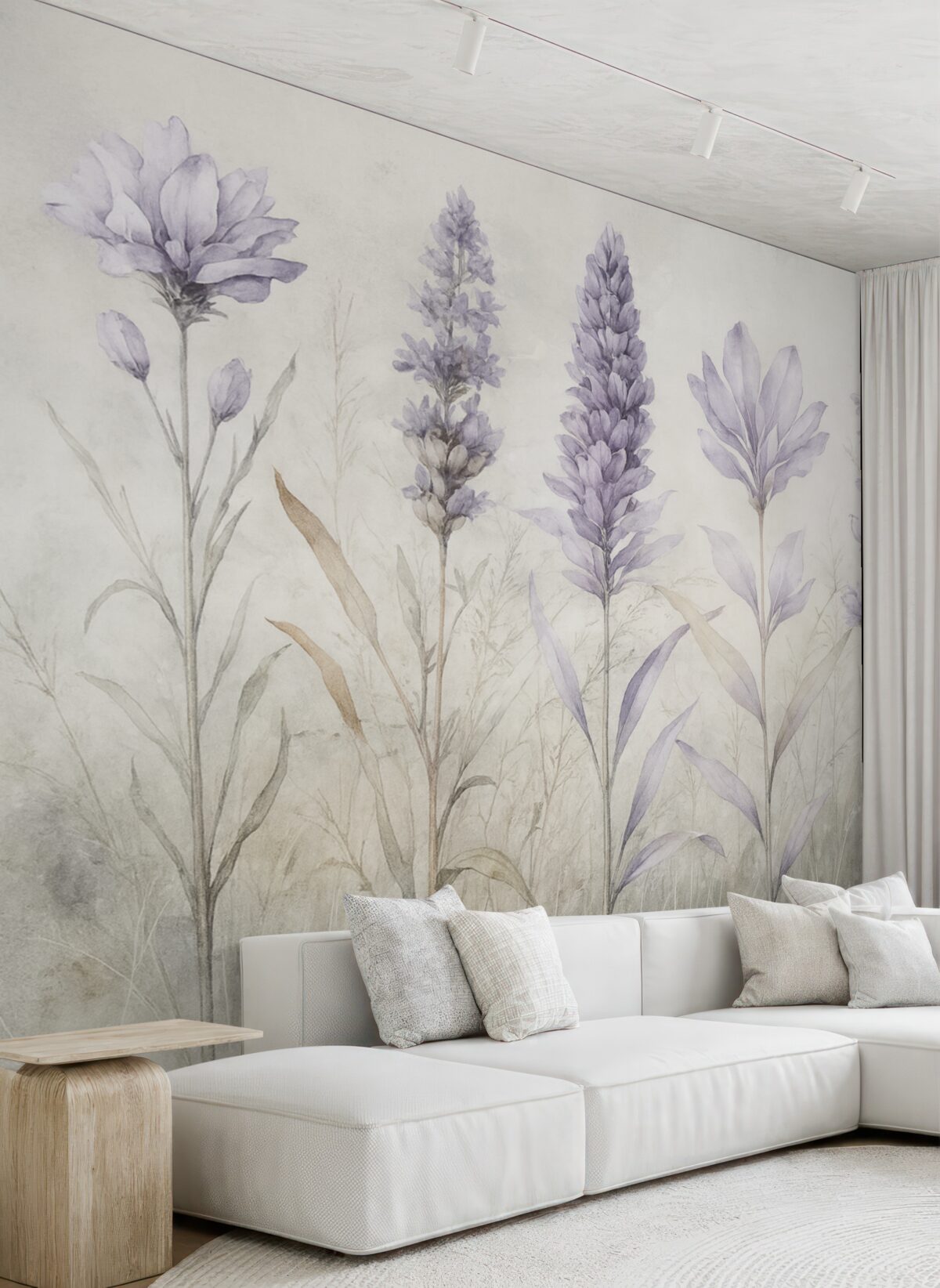 Fototapeta Łąka fioletowych akwarelowych kwiatów lawendy na delikatnym, rozmytym teksturowanym beżowym tle.