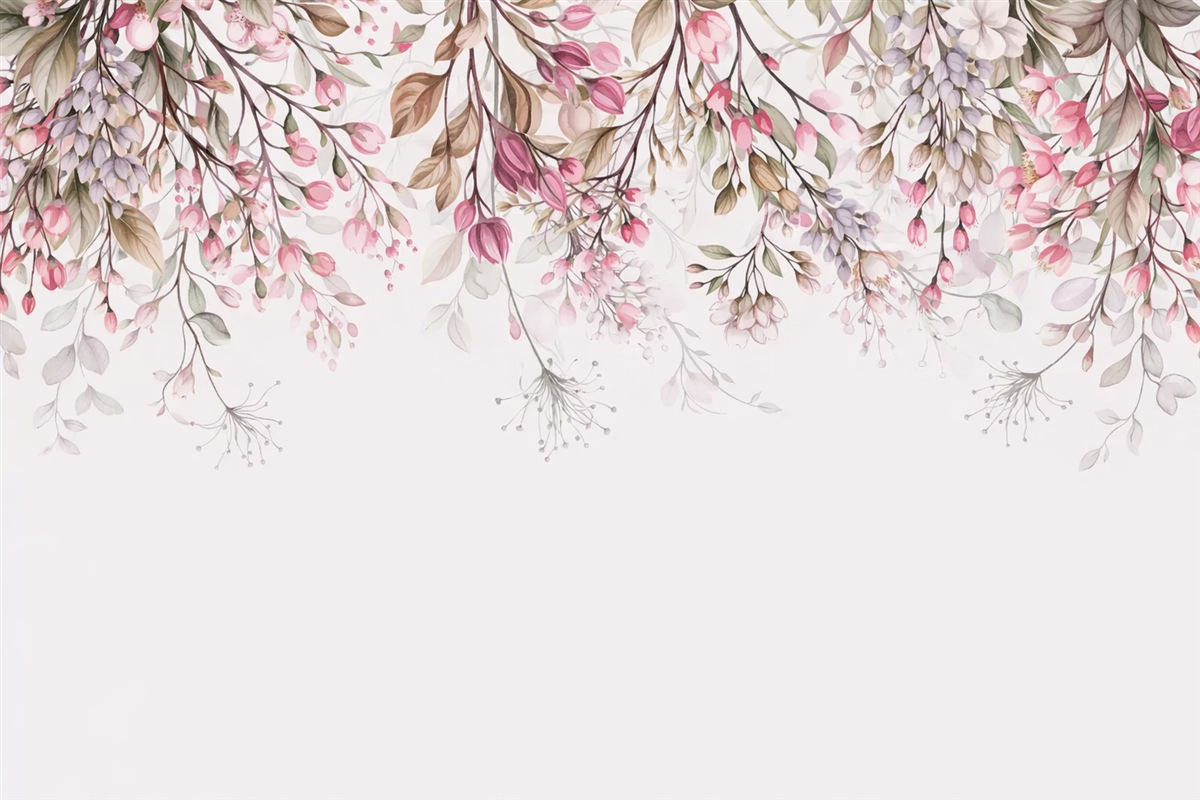 Fototapeta Subtelne różowe oraz białe gałązki kwiatów z liśćmi i płatkami, na pastelowym szarym tle.