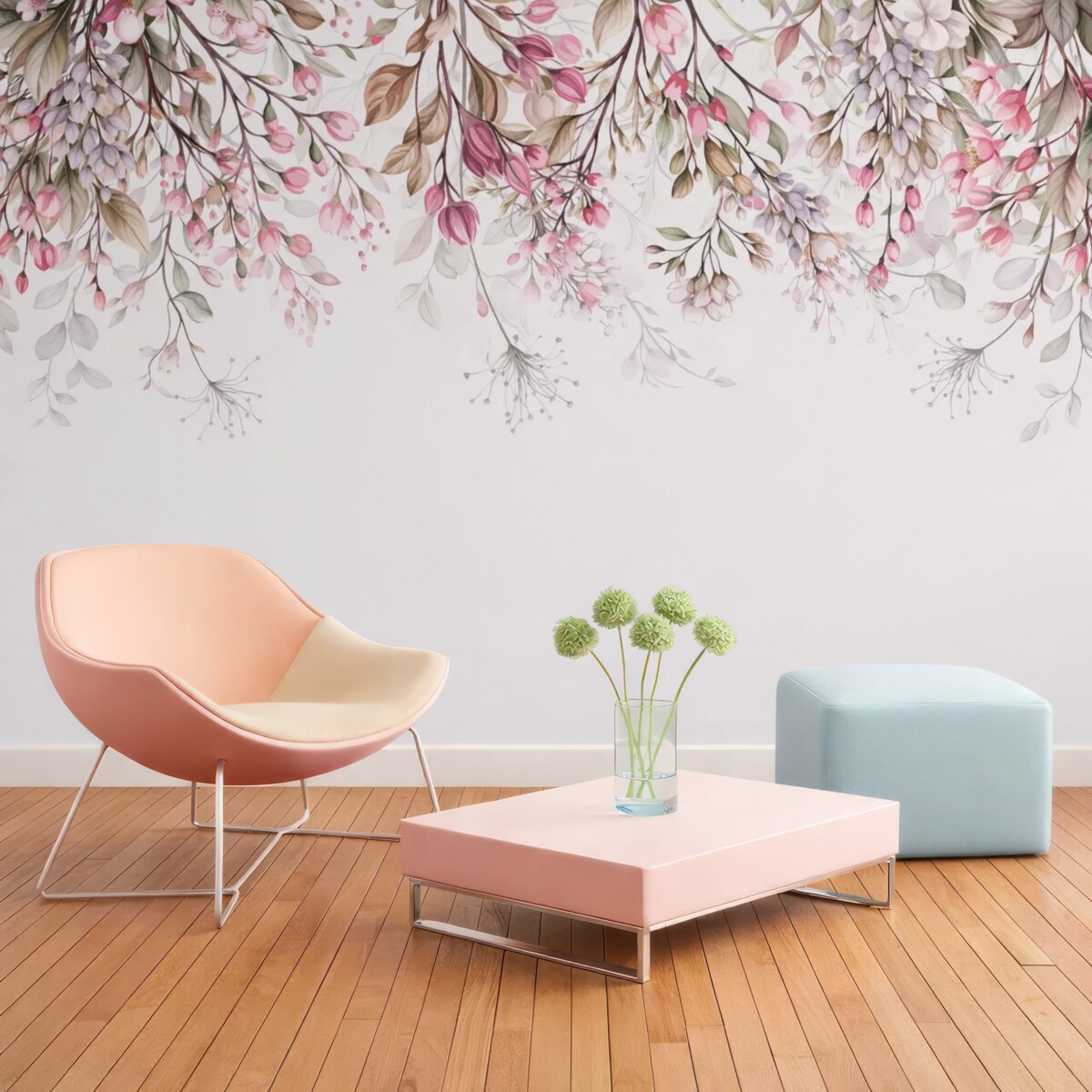 Fototapeta Subtelne różowe oraz białe gałązki kwiatów z liśćmi i płatkami, na pastelowym szarym tle.