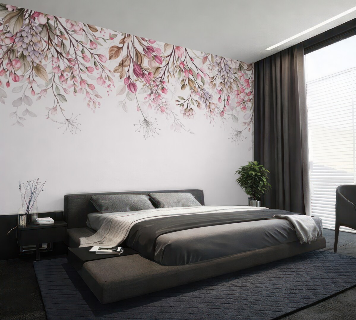 Fototapeta Subtelne różowe oraz białe gałązki kwiatów z liśćmi i płatkami, na pastelowym szarym tle.