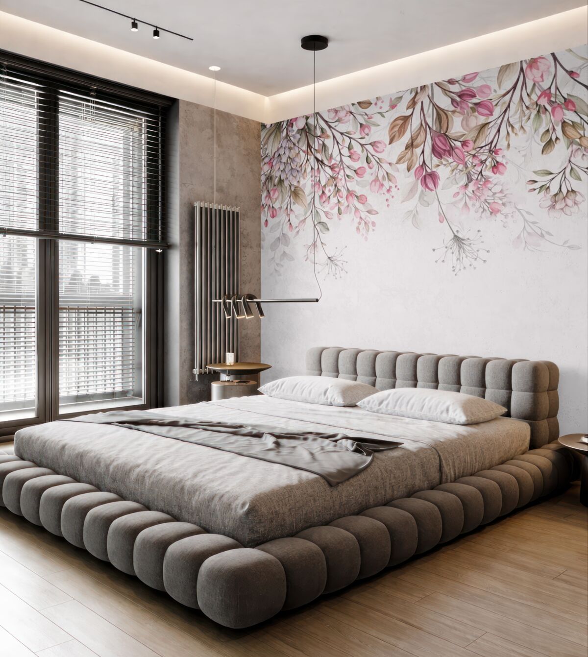 Fototapeta Subtelne różowe oraz białe gałązki kwiatów z liśćmi i płatkami, na pastelowym szarym tle.