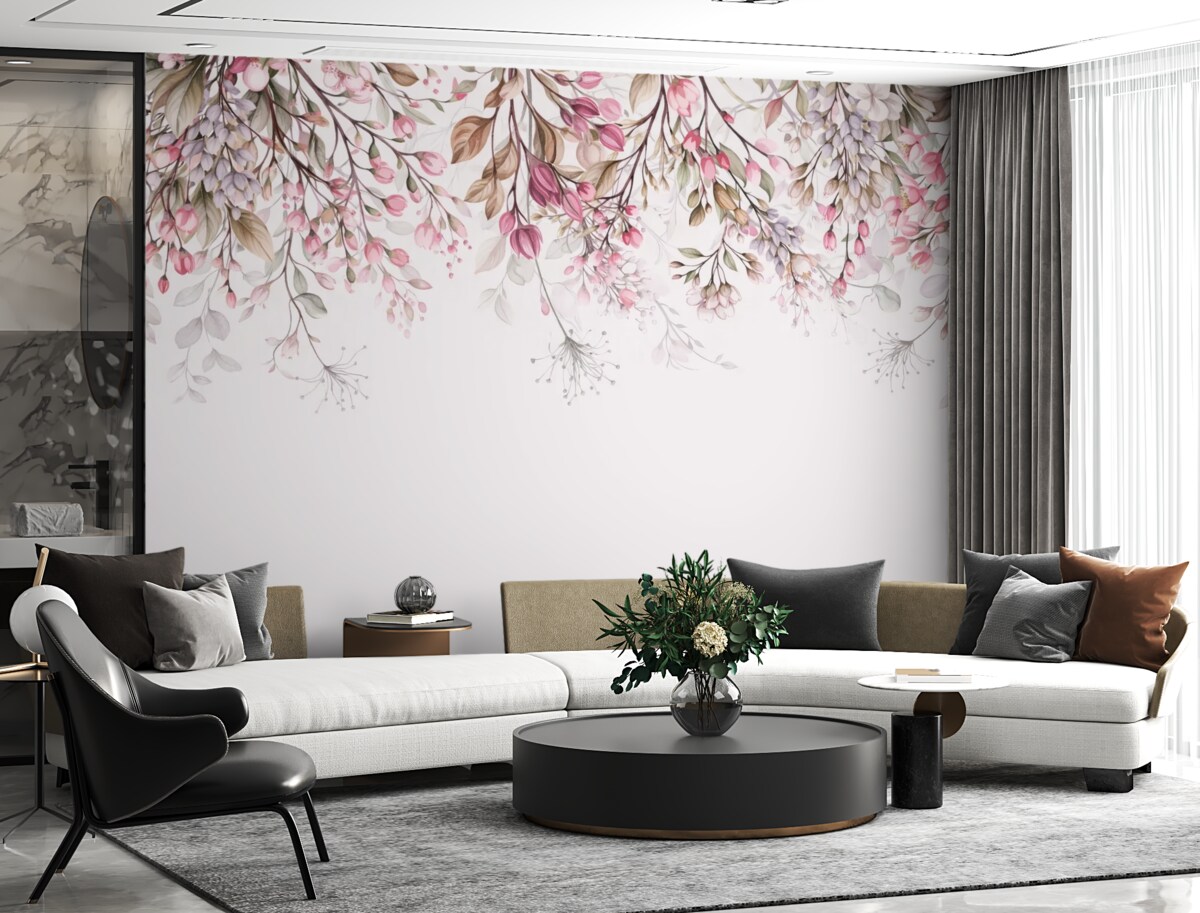 Fototapeta Subtelne różowe oraz białe gałązki kwiatów z liśćmi i płatkami, na pastelowym szarym tle.