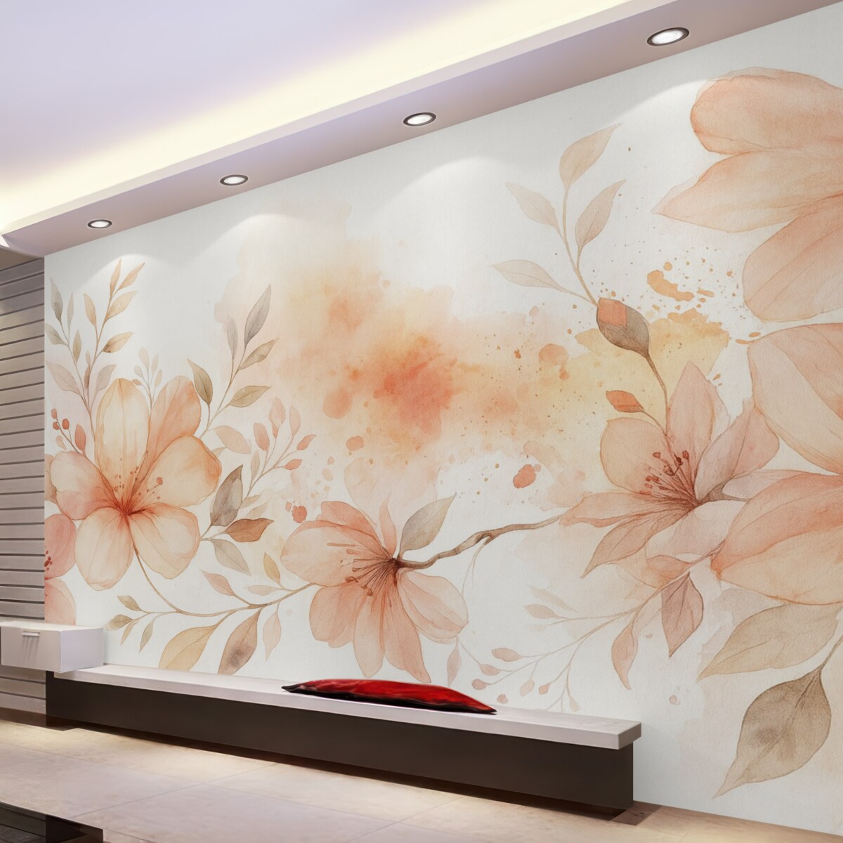 Fototapeta Bukiet subtelnych brzoskwiniowych i białych kwiatów o miękkich, rozmytych płatkach na jasnym, lekkim akwarelowym tle.