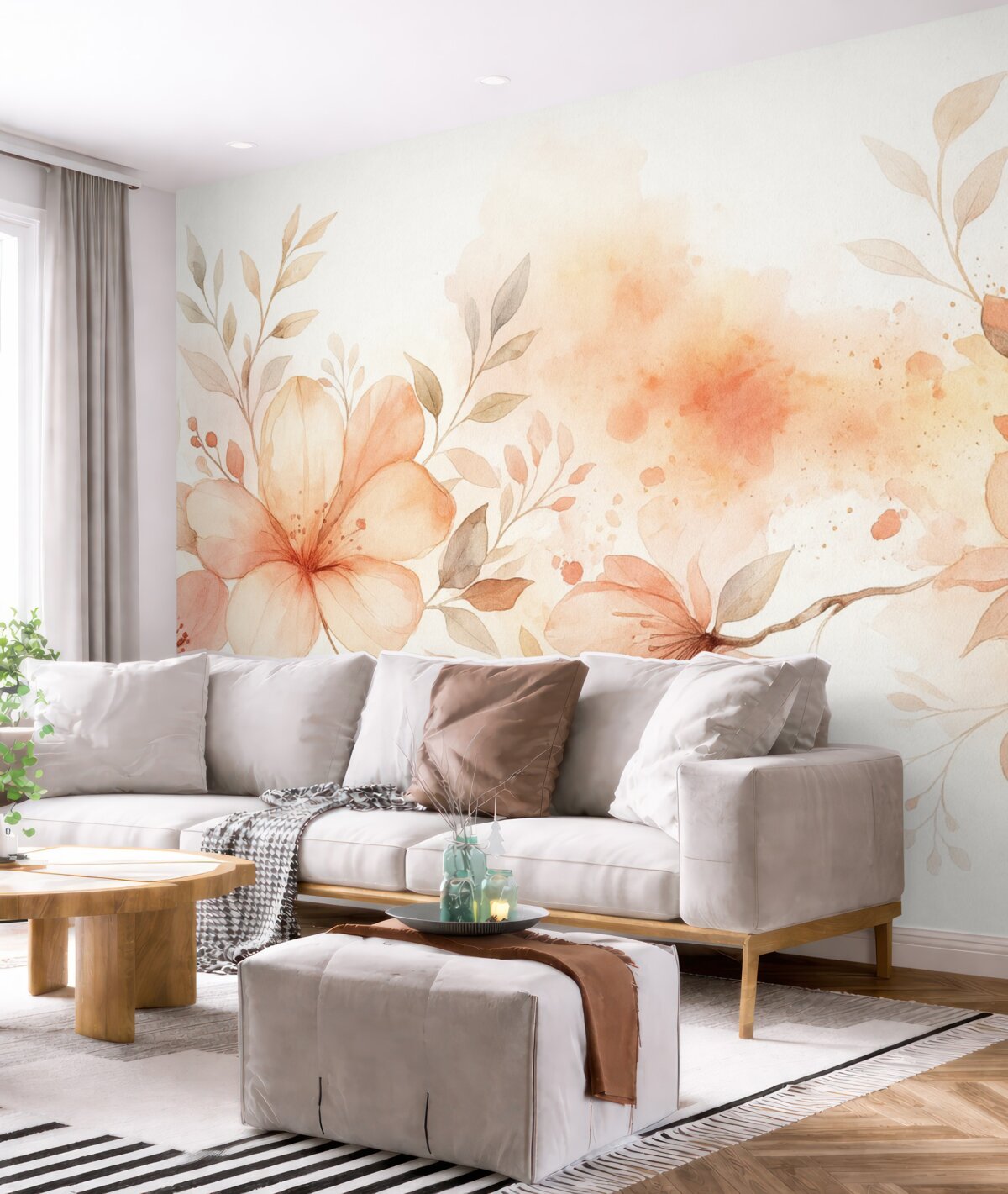 Fototapeta Bukiet subtelnych brzoskwiniowych i białych kwiatów o miękkich, rozmytych płatkach na jasnym, lekkim akwarelowym tle.