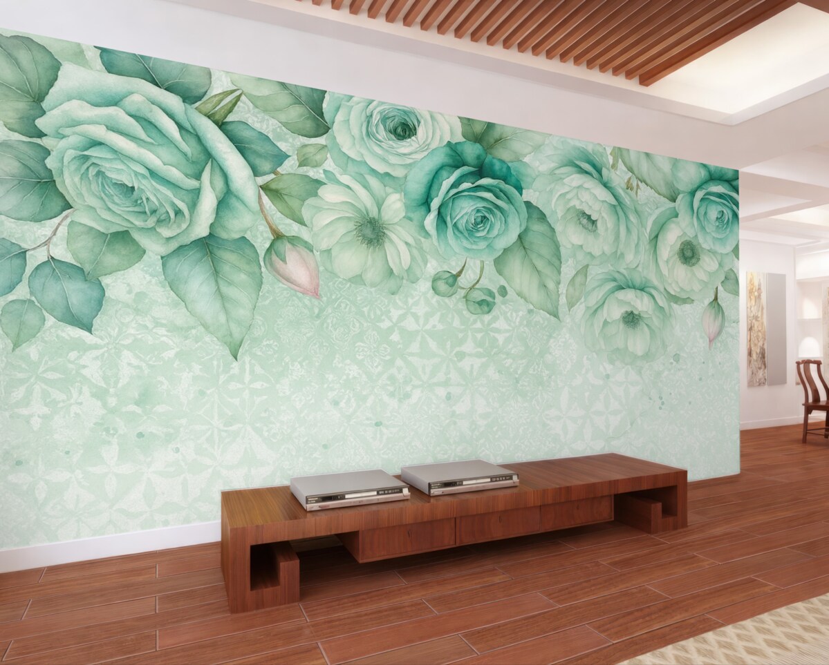 Fototapeta Stylowa aranżacja kwiatowa z białych i turkusowych róż akwarelowych na koronkowym tle w klimacie vintage.