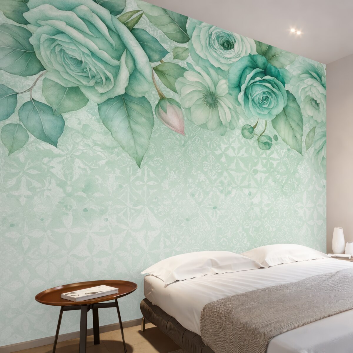 Fototapeta Stylowa aranżacja kwiatowa z białych i turkusowych róż akwarelowych na koronkowym tle w klimacie vintage.