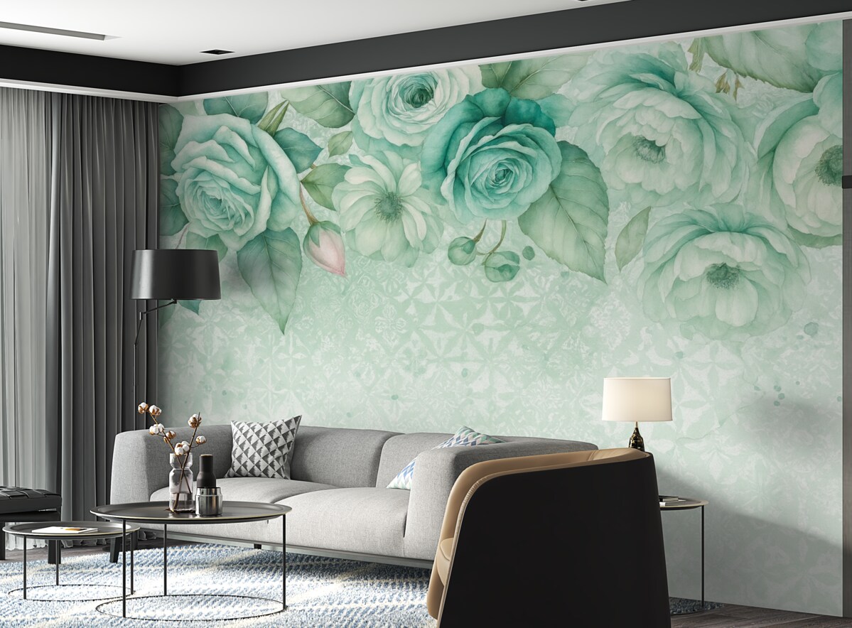 Fototapeta Stylowa aranżacja kwiatowa z białych i turkusowych róż akwarelowych na koronkowym tle w klimacie vintage.