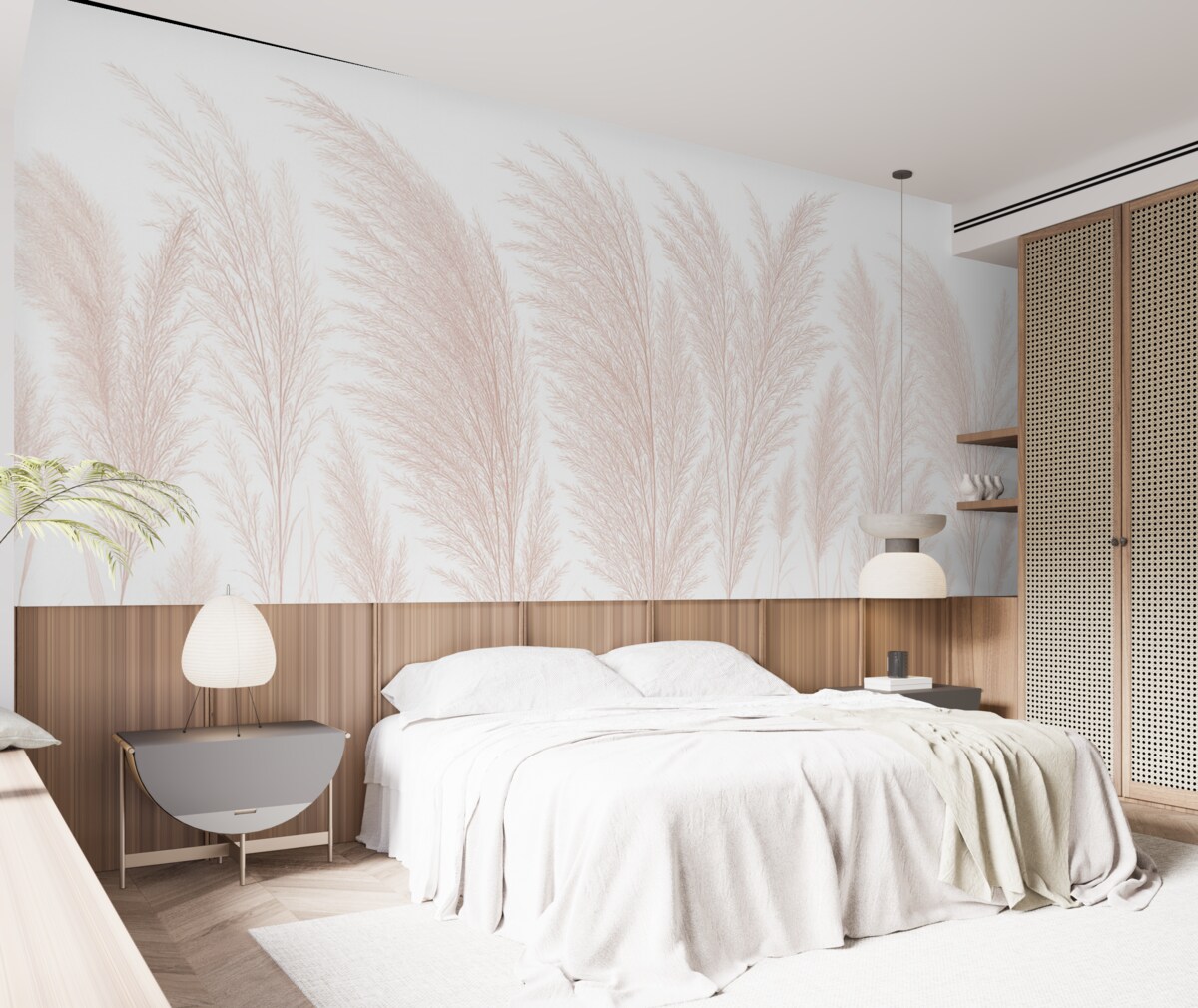 Fototapeta Subtelna, pastelowa, różowa, puchata trawa pampasowa na jasnym tle w prostym układzie.