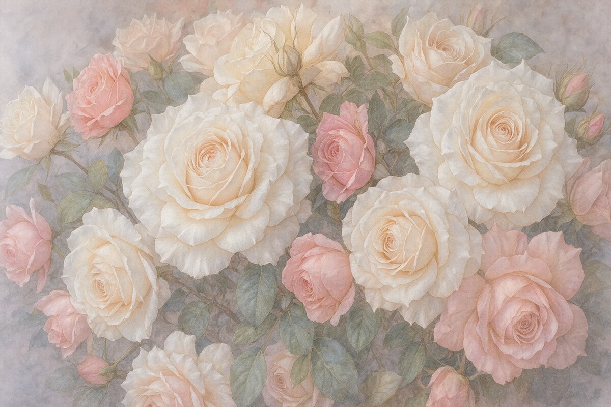Fototapeta Subtelne, pastelowe róże oraz piwonie na zamglonym, szaro-mglistym, teksturowanym tle.