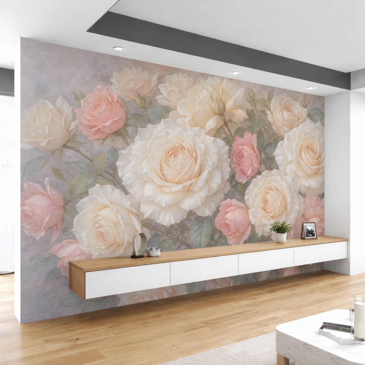 Fototapeta Subtelne, pastelowe róże oraz piwonie na zamglonym, szaro-mglistym, teksturowanym tle.